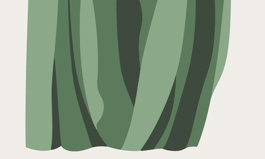 A flat illustration of a heavy curtain drawn shut in soft folds, with a narrow strip of pale daylight at one edge.