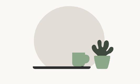 A flat illustration of a closed laptop with a mug resting on top of it and a small plant beside it, against a large pale circle.
