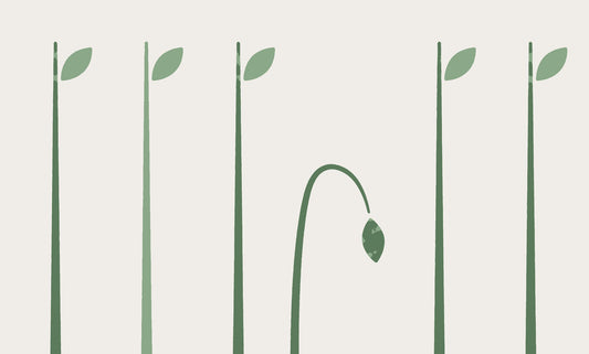 A flat illustration of six slender upright stalks in a row, one of them bent over and drooping.
