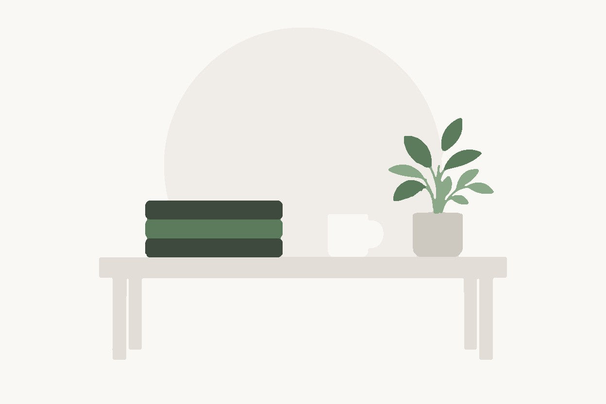 A flat illustration of a low bench holding a folded stack of green cloths, a cream mug and a potted plant, against a large pale circle.